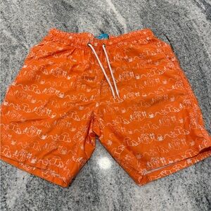 Men's Orange Beach-Print Swim Trunks with Drawstring